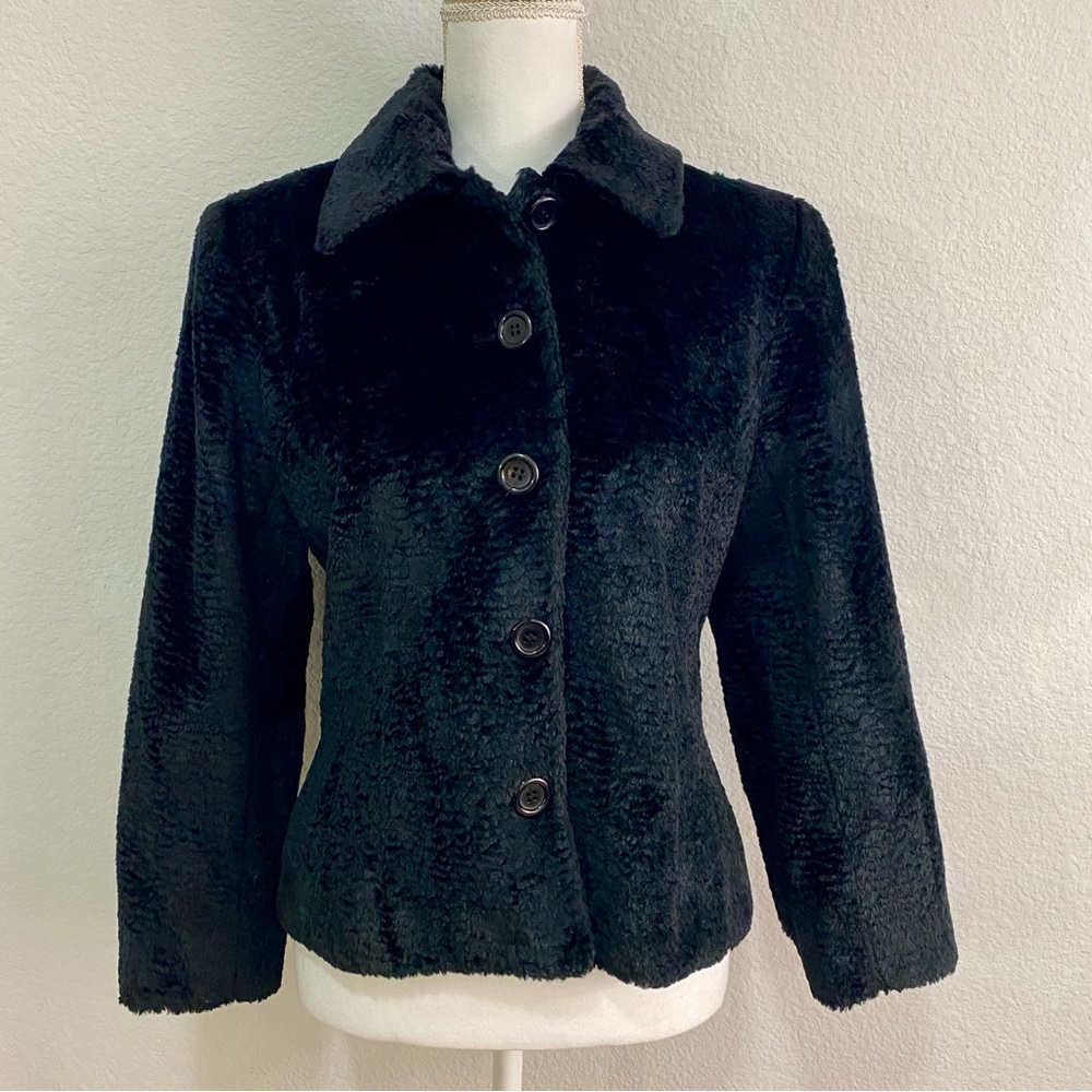 Louben Faux Fur Jacket Black Textured Astrakhan Style Collared Button Up Sz‎ 6